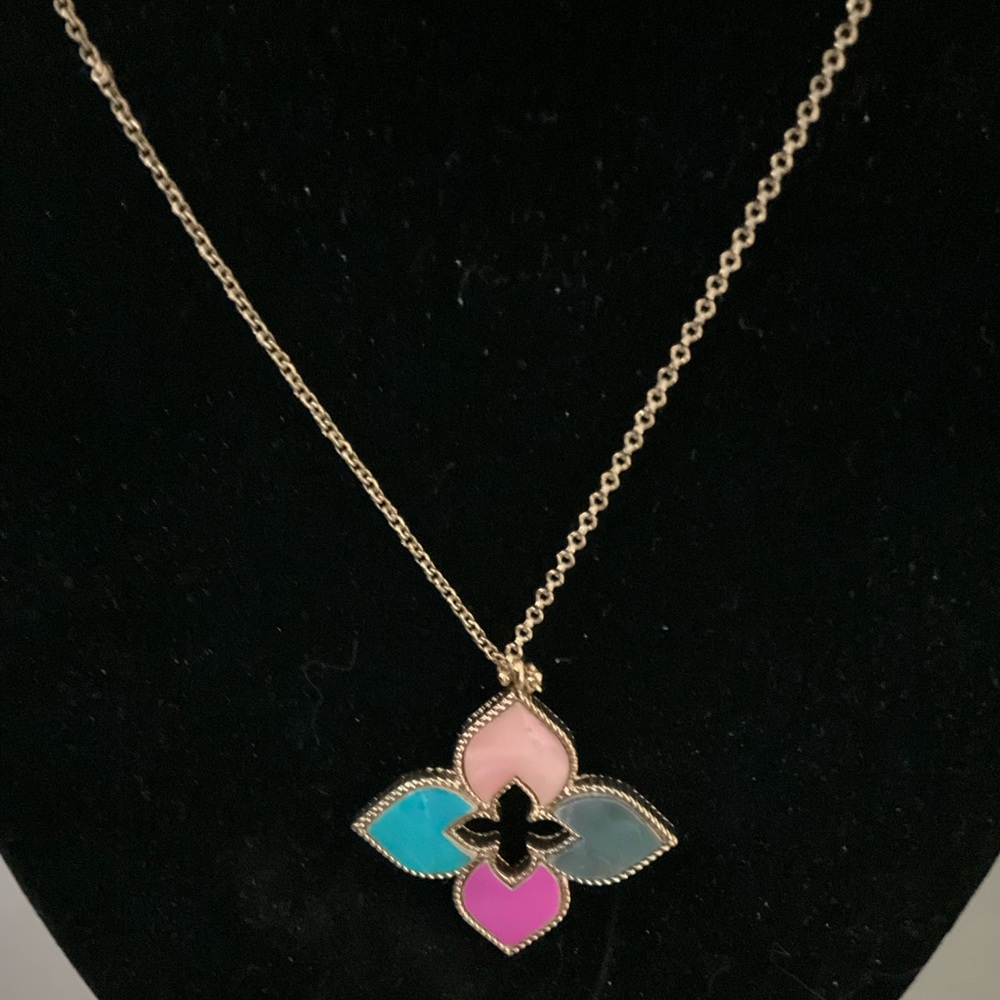 Four-Leaf Enamel Pendant Necklace - Pink, Turquoise, Gray